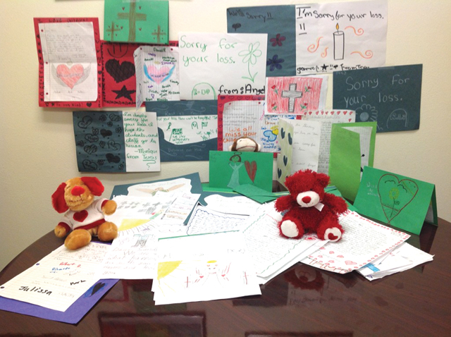 Angela Gerusa Leal Elementary counselor Noelia Montez reported that students and staff created cards, letters, and posters for the families and friends affected by the Sandy Hook Elementary School shooting tragedy in Newtown, Connecticut. San Benito CISD students and staff members offered their sincere condolences to all those affected. (SBCISD photo)