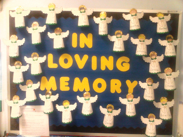 A parent of an Ed Downs Elementary School student in San Benito snapped inspired by the bulletin board seen (above) snapped this picture to show how students and staff at the campus are remember the lives lost in the shooting at Sandy Hook Elementary School in Newtown, Connecticut. Every angel shown has the name of the children and teachers whose lives were lost. (Courtesy photo)