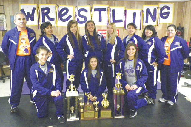 The District 16-5A champion San Benito Lady Greyhound varsity wrestling squad is seen. Also shown are San Benito Greyhound varsity grapplers. Members of both teams are advancing to state this weekend. (Staff photos by Francisco E. Jimenez)