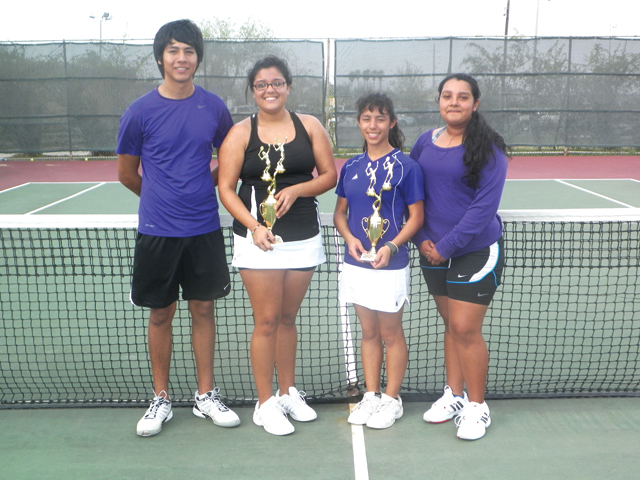 Shown are members of the San Benito Greyhound varsity tennis team, which won the 82nd Annual Heart's Delight Varsity Tennis Tournament. Shown (from l-r) are Esteban Casas and Cristina Estrella, who won in mixed doubles, and Elizabeth Medina and Brittany Mendez, who won in girls doubles. The team will compete in the District 31-5A Individual Tennis Tournament in Weslaco on March 25 and 26. The team is coached by Dan Hirst. (Staff photo by Francisco E. Jimenez)