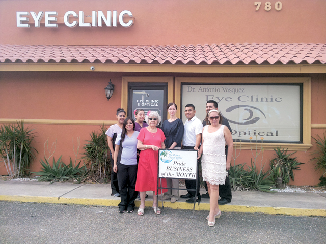 Dr. Antonio Vasquez Eye Clinic Optical, located on 780 E. Business 77, has been named the San Benito Chamber of Commerce Pride Committee Pride Business of the Month for February. Shown (from l-r) are employees April Lizcano, Jessica Resendez and Jackie Alegria, Pride Committee representative Bertha Wilson, Dr. Laura Lokay, Dr. Antonio Vasquez, employee Jose Coronado and Pride Committee representative Debbie Layton. (Staff photo by Michael Rodriguez)