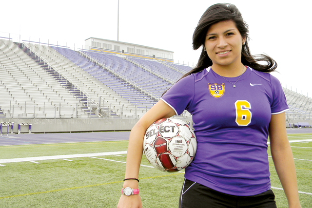 San Benito Lady Greyhound soccer standout Eva Rubio, a senior, is shown during practice at Bobby Morrow Stadium on Thursday. She has scored 47 goals this season. (Staff photo by Francisco E. Jimenez)