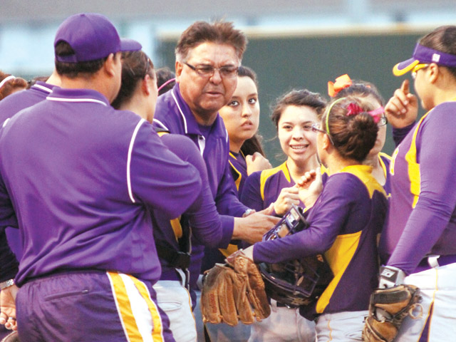 Dorothy Millan of the San Benito Lady Greyhound softball team is pictured (below). The team, led by skipper Elias Martinez (above), plays Hanna Friday. (Photo by T.J. Tijerina)