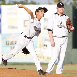 Photo by Justin Tijerina Rio Grande Valley WhiteWings batboy Omar Salinas, 11, of San Benito is seen throwing the first pitch of the game in Harlingen on Thursday.