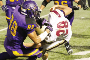 Photo by T.J. Tijerina Manuel Sanchez of San Benito is shown at Bobby Morrow Stadium making a tackle Friday night against the Los Fresnos Falcons.