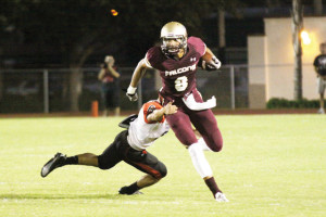 Photo by T.J. Tijerina Los Fresnos Falcons wide receiver Brandon Colon is seen running breaking a tackle at home Friday night against the Harlingen Cardinals.