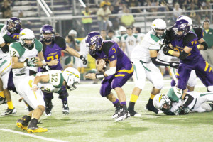 Photo by T.J. Tijerina San Benito Greyhound running back Christian Sierra, a junior, is seen (#3) during second half action against the McAllen Nikki Rowe Warriors Friday at Bobby Morrow Stadium.