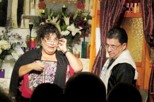 Courtesy photo The Narciso Martinez Cultural Arts Center Writers’ Forum sponsored a one-woman-show entitled Julieta, Eterna Enamorada del Amor, or Julieta, Eternally in Love with Love on Sept. 21 as part of National Hispanic Heritage Month activities. Pictured is Dolores S. Perez, author of the show, and Juan David Lucio as the priest hearing her Confession. The sold-out performance was a hit at the Center.