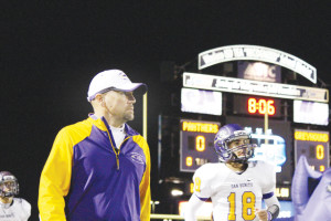 File photo Spencer Gantt, the San Benito Greyhounds head football coach and athletic director, is seen in this file photo of the Nov. 8, 2013 matchup against the Weslaco Panthers at Bobby Lackey Stadium.