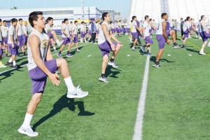 San Benito News photos by Francisco E. Jimenez The San Benito Greyhounds are seen during basic workouts Thursday at Bobby Morrow Stadium, where interim athletic director Ramiro Partida stressed the basics.