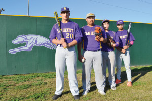 San Benito News photo by Francisco E. Jimenez San Benito Greyhound varsity baseball players are shown in their outfield Friday. They are, from left to right, junior designated hitter Christopher Padilla, 17, senior pitcher Roy Aguilar, 18, junior catcher Ruben Reyes Jr., 17, and junior center fielder Victor Gaitan, 16.
