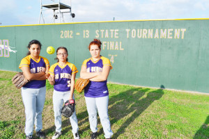 San Benito News photo by Francisco E. Jimenez Pictured are the senior members of the of the San Benito Lady Greyhounds softball team. They are, from left to right, Third Baseman Clarissa Huerta, 17, Pitcher Amber Jasso, 17, and Center Fielder Dorothy Juneitte Millan, 17.