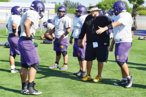 (Staff photos by Francisco E. Jimenez) The San Benito Greyhounds hit the field at Bobby Morrow Stadium on Monday to kick off the start of Spring football training.