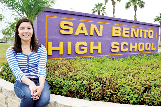 (Staff photo by Francisco E. Jimenez) Andrea Mosqueda, 18, of San Benito High School is the recipient of the 2014 San Benito News Scholarship. She’s pictured outside the campus on Tuesday, April 29.