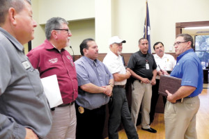 (City of San Benito photo) Local storm team leaders pictured are Water Plant Supervisor Romulo Garza, Public Works Director Adan Gonzalez, Police Chief Martin Morales, Streets Supervisor Pilar Vega, Emergency Management Coordinator Michael Galvan, Fire Chief Raul Zuniga and City Manager Manuel Lara. 