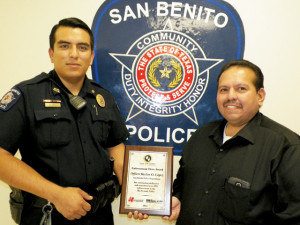 (Staff photo by Heather Cathleen Cox) Seen Monday are SBPD Operations Chief Martin Morales Jr. with officer Hector Lopez, who recently received the Enforcement Hero Award from MADD.