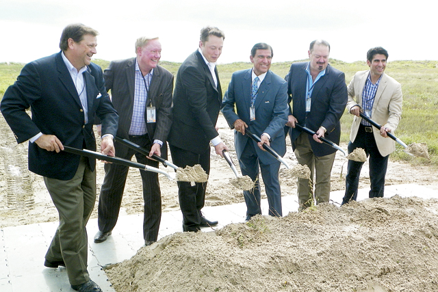 (Staff photos by Jacob Lopez) Local, state and federal officials are seen breaking ground on the SpaceX launch site at Boca Chica Beach in Brownsville Monday, Sept. 22. Among those shown are SpaceX CEO Elon Musk (third from left), State Senator Eddie Lucio Jr. (fourth from left), State Representatives Rene O. Oliveira (fifth from left) and Eddie Lucio III (far left).