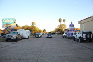 Photo of street with campaigners on each side